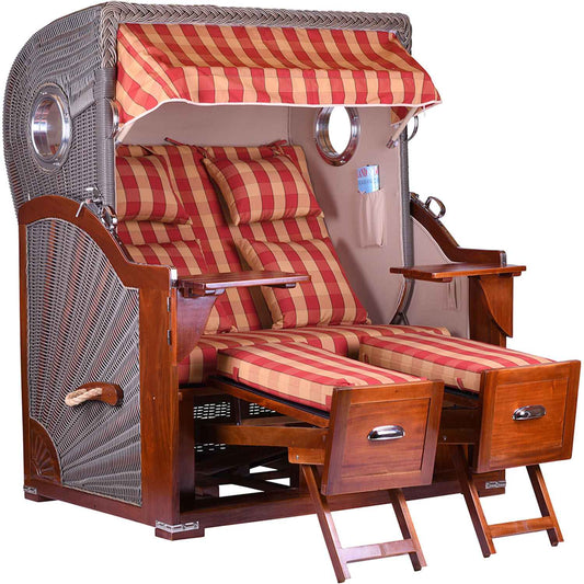 Komplettangebot Strandkorb Baltikum Mahagoni Komfort 2,5 Sitzer Bullauge Stoff Heiligendamm