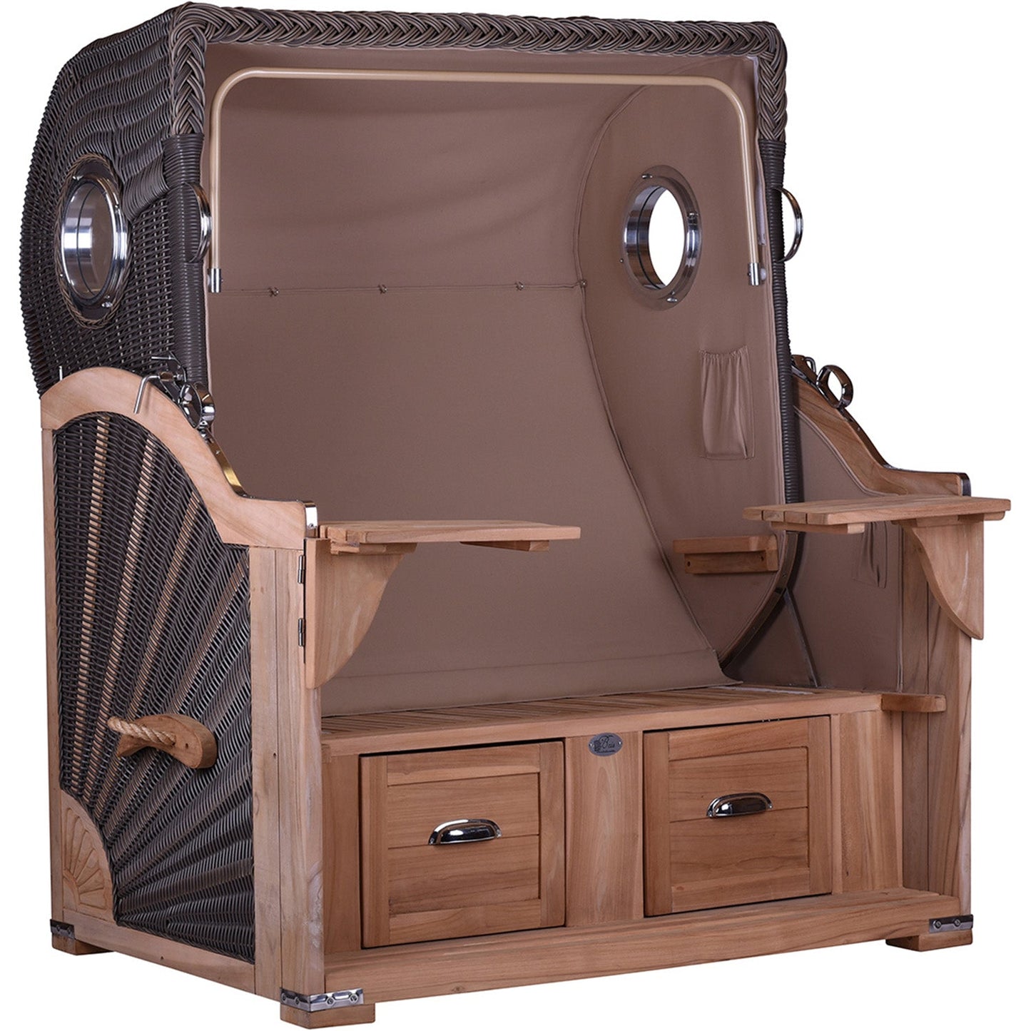 B-WARE Komplettangebot Strandkorb Teak Komfort 2,5 Sitzer Bullauge Stoff freie Auswahl.