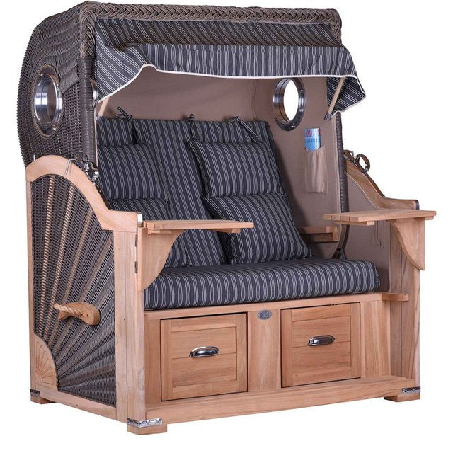 B-WARE Komplettangebot Strandkorb Teak Komfort 2,5 Sitzer Bullauge Stoff freie Auswahl.