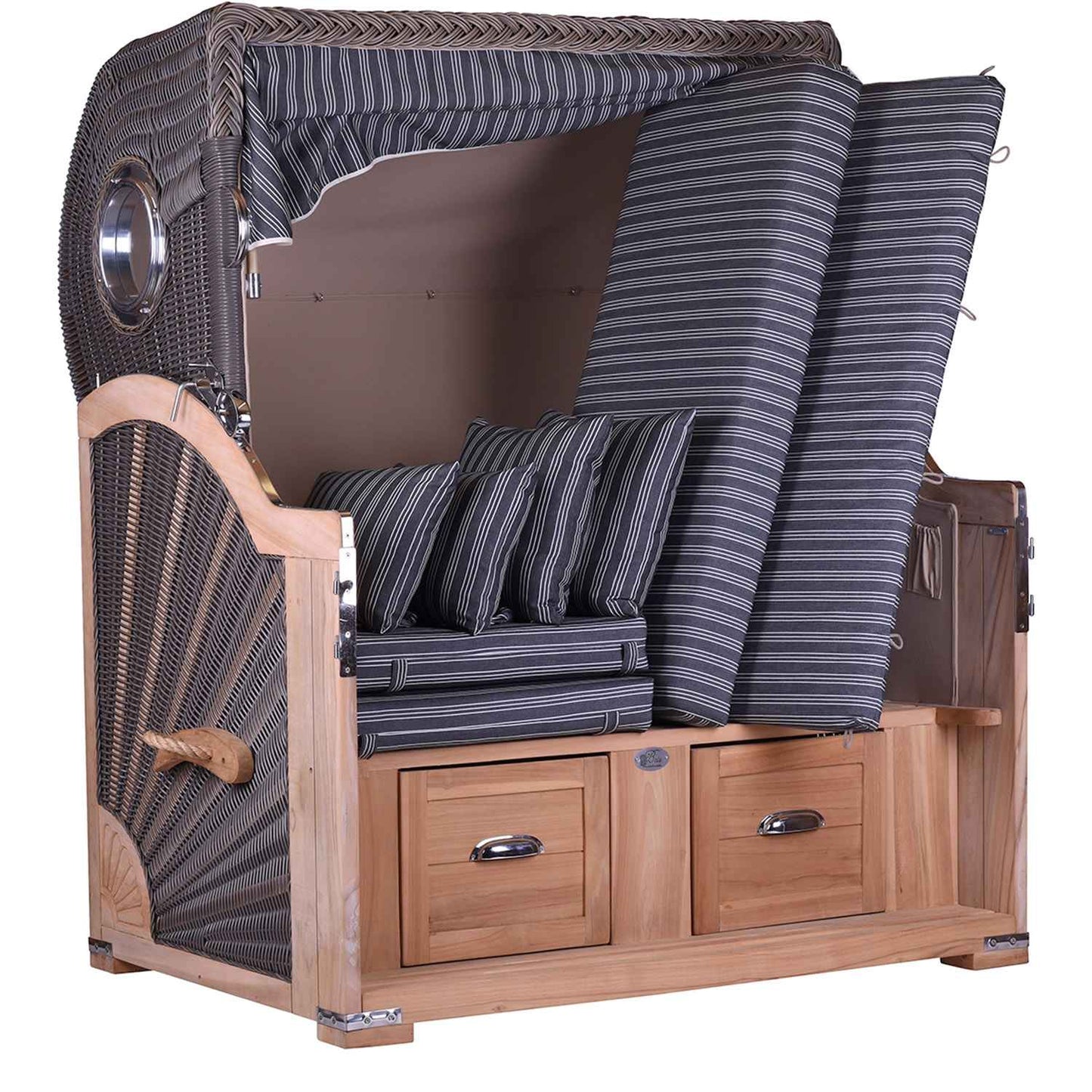 B-WARE Komplettangebot Strandkorb Teak Komfort 2,5 Sitzer Bullauge Stoff freie Auswahl.