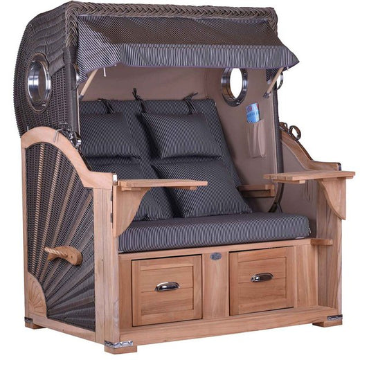Strandkorb Teak Komfort 2,5 Sitzer Bullauge Stoff Royal Grau