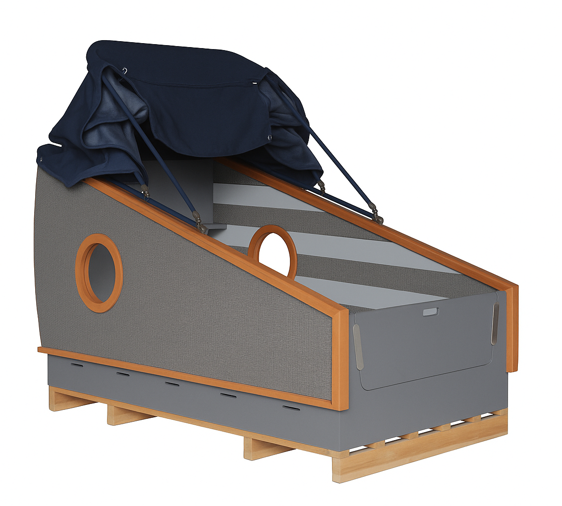 Schlafstrandkorb wie ein Bett gebaut zur Übernachtung am Strand in Grau